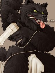 absurd_res after_shower anthro armpit_hair black_body black_claws black_fur black_nose black_skin blowdrying body_hair brush canid canine canis claws clothing dryer drying drying_fur erection erection_under_clothing fangs fur gmork green_eyes hair_dryer hairbrush hi_res lips long_fur male mammal muscular muscular_male object_in_mouth pink_lips pink_tongue raised_arm ravuer sharp_teeth simple_background solo teeth the_neverending_story tongue towel wolf