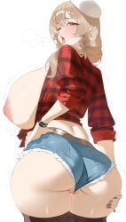 1girl absurdres belt black_nails black_thighhighs blonde_hair blue_shorts bready_(nikke) breasts breasts_out brown_belt brown_eyes byeon_dha denim denim_shorts english_commentary female female_only goddess_of_victory:_nikke hat highres large_breasts long_hair long_sleeves looking_back nail_polish nipples open_clothes open_shirt partially_visible_vulva plaid_clothes plaid_shirt shirt shorts simple_background sleeves_rolled_up thighhighs tongue tongue_out white_background white_hat