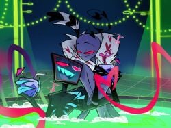 arm_around_partner bragging drink gay gray_skin hazbin_hotel helluva_boss pink_smoke pool satisfied_smile shark smoke square_nipples swimming_pool valentino_(hazbin_hotel) vivienne_medrano vox_(hazbin_hotel) water