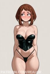 1girl ai_generated arms_behind_back black_thong blush brown_eyes brown_hair cowboy_shot curvy front_view looking_away medium_breasts ochako_uraraka patreon_url patreon_username realor shy simple simple_background standing thick_thighs