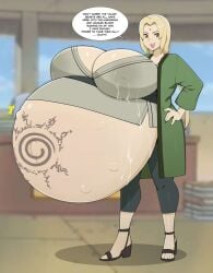 blonde_hair blonde_hair_female fetal_movement hyper_pregnancy kicking_(pregnancy) looking_at_viewer naruto_(series) pregnancy pregnant pregnant_belly pregnant_female talking_to_viewer tsunade tsunade_(naruto)