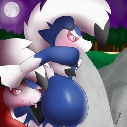 absurd_res ambiguous_gender animal_genitalia animal_vulva blush butt_sniffing canine_genitalia canine_vulva female female/ambiguous full_moon generation_7_pokemon genitals hi_res looking_back lycanroc male_(lore) midnight_lycanroc moon night nintendo nose_to_anus plant pokemon pokemon_(species) rock shiny_pokemon sniffing tongue tongue_out tree vulpine_corvid vulva