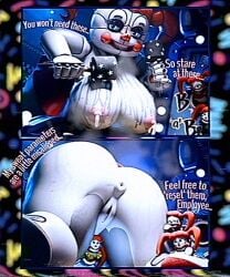 3d 3d_(artwork) 3girls baby_(fnafsl) blue_eyes breasts breasts_out circus_baby circus_baby_(fnaf) circus_baybee_(jordevoir) female female_only five_nights_at_freddy's five_nights_at_freddy's:_sister_location green_eyes high_resolution highres jordevoir looking_at_viewer plush_baby red_hair robot robot_girl robot_humanoid skirt text vhs_filter white_body