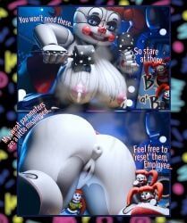 3d 3d_(artwork) 3girls baby_(fnafsl) blue_eyes breasts breasts_out circus_baby circus_baby_(fnaf) circus_baybee_(jordevoir) female female_only five_nights_at_freddy's five_nights_at_freddy's:_sister_location green_eyes high_resolution highres jordevoir looking_at_viewer plush_baby red_hair robot robot_girl robot_humanoid skirt text white_body