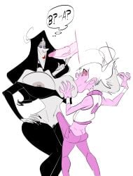 ass big_ass big_breasts black_hair breasts clo_argento_(slb) eloise_ravenslade_(slb) erection magic milf penis pink_body rule_63 slb sucking_nipples white_hair