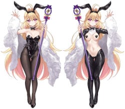 asle black_bunnysuit blush bunny_ears bunny_girl bunnysuit closed_mouth cure_arcana_shadow female female_only holding_staff large_breasts meitantei_precure! moria_luluka precure pretty_cure reverse_bunnysuit smile thighs