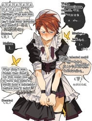 1boy1girl battler_ushiromiya beatrice_(umineko) crossdressing crossdressing_male dialogue dominant_female embarassed_male embarrassed humiliation maid_outfit maid_uniform submissive_male tears_in_eyes translated umineko_no_naku_koro_ni
