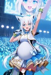 ai_generated female female_only holoforce popstar pregnancy pregnant pregnant_belly pregnant_female shirakami_fubuki stage stage_lights virtual_youtuber vtuber white_hair white_hair_female