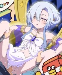 1boy 1girl blue_hair blush censored clothed_sex clothing_aside commentary_request dress hetero jaggy_lines megami_"isekai_tensei_nani_ni_naritai_desu_ka"_ore_"yuusha_no_rokkotsu_de" megami_(yuusha_no_rokkotsu_de) mosaic_censoring navel panties panties_aside penis sex short_hair_with_long_locks tomu_(tomubobu) underwear vaginal white_dress yellow_eyes