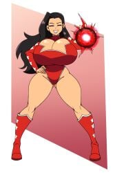 black_hair cleavage closed_eyes female female_only gigantic_breasts grin hand_on_hip iggy-bomb long_hair mole mole_under_mouth oc ponytail red_boots red_leotard standing thick_thighs