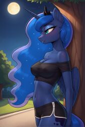 1_horn ai_generated anthro anthrofied black_bottomwear black_clothing black_shorts black_topwear blue_eyes blue_eyeshadow blue_hair blue_tail blush bottomwear breasts chest_tuft cleavage clothed clothed_anthro clothed_female clothing crown cutie_mark equid equine eyelashes eyeshadow female female_anthro friendship_is_magic full_moon hair hi_res highlights_(coloring) horn makeup mammal moon my_little_pony narrowed_eyes navel nipple_outline open_mouth open_smile outside plant princess_luna_(mlp) purple_body purple_highlights purple_horn purple_wings shorts side_view smile solo spiral_horn standing tail tiara topwear tree tuft winged_unicorn wings
