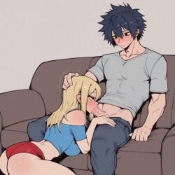 1boy 1girl 1girls ai_generated black-haired_male black_hair blonde-haired_female blonde_hair clothed couple_(romantic) fairy_tail gray_fullbuster intimate lucy_heartfilia sexy