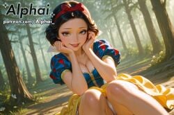 1girl 2025 2026 absurd_res absurdres ai ai-created ai_art ai_assisted ai_generated alphai black_hair blurry_background blushing brown_eyes brown_hair cinematic_lighting cleavage colorful_background cowboy_shot depth_of_field detailed_background detailed_hair detailed_skin disney disney_princess dramatic_shadows dress dutch_angle dynamic_pose elbow_rest female_focus flowers forest hair_band hair_bow hands_on_cheeks happy head_tilt high_quality high_resolution highres knees_up light_particles light_smile looking_at_viewer makeup medium_breasts naughty_face naughty_pose outdoors panties parted_lips particles patreon patreon_link patreon_url patreon_username portrait puffy_short_sleeves raised_eyebrows red_lips shiny_skin sitting_on_floor skindentation smirk snow_white snow_white_(disney) snow_white_and_the_seven_dwarfs_(1937_film) tree volumetric_lighting white_lingerie yellow_skirt