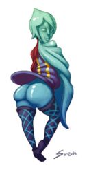 armless ass blue_eyes blue_hair blue_skin dat_ass female fi forehead_jewel from_behind huge_ass hyrule_warriors looking_back no_arms skyward_sword solo svenners the_legend_of_zelda thighhighs white_background