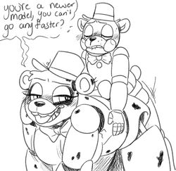 all_fours anal anal_sex animatronic anthro bear black_and_white blush closed_eyes doggy_style english_text female five_nights_at_freddy's five_nights_at_freddy's_2 freddy_(fnaf) from_behind_position fucked_silly hat headgear machine male mammal penetration robot rule_63 sex straight text toy_freddy_(fnaf) unnecessaryfansmut video_games withered_freddy