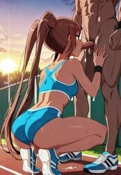 ai_generated animated athletic_female brown_eyes brown_hair clanker dark_skin dumbbell_nan_kilo_moteru? hair_ornament hairbun naked petite small_breasts tagme toned_female uehara_ayaka video