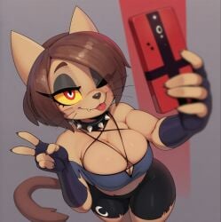 ai_generated animal_humanoid anthro big_breasts black_choker black_clothing black_handwear black_jewelry black_necklace black_nose blush bottomwear breasts brown_body brown_skin cat_tail cellphone choker cleavage clothed clothing collar cosplay crossover crossover_cosplay duo eyebrows eyelashes fangs felid feline felis furry gameoverse gesture glitch_productions grey_background hair hair_over_eye hair_over_one_eye half-closed_eyes handwear hellaverse helluva_boss holding_cellphone holding_object holding_phone humanoid jewelry kit_bodega loona_(helluva_boss) mammal mammal_humanoid narrowed_eyes necklace one_eye_closed one_eye_obstructed phone red_eyes selfie simple_background smile solo spiked_collar spikes teeth thick_thighs tongue tongue_out v_sign whiskers wide_hips yellow_sclera