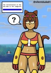 1female 1girls 1robot 2026 bikini boobs breasts brown_hair brown_tail cat_ears cat_girl cat_humanoid cat_tail furry gameoverse glitch_productions kaboodle_(gameoverse) kit_(gameoverse) kit_bodega minecraft_background purple_eyes robotic_arm sfw sfw_version short_hair silentdude01