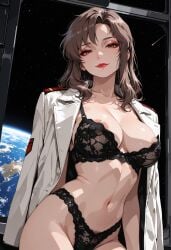 ai_generated brown_hair gundam gundam_seed inside_spaceship long_hair looking_at_viewer mature_female military_uniform murrue_ramius shiny_hair shiny_skin space spacecraft spaceship