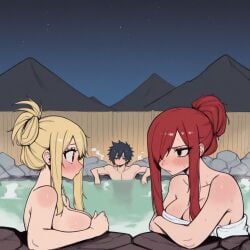 1boy 2girls ai_generated bathing bathing_together black-haired_male black_hair blonde-haired_female blonde_hair casual erza_scarlet fairy_tail friends gray_fullbuster intimate lewd lucy_heartfilia mixed_bathing onsen red-haired_female red_hair romantic sexy towel towel_only water