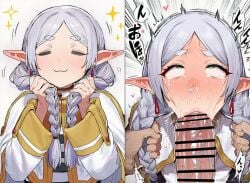 1boy 1girls ai_generated blowjob blush braid closed_eyes deepthroat earrings elf fellatio frieren green_eyes jewelry long_hair nose_blush oral penis pointy_ears solo_focus sousou_no_frieren sparkle tagme toratora twintails white_hair