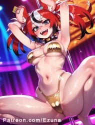 ai_generated big_ass big_breasts big_butt big_thighs bikini blue_eyes blush cameltoe ezuna female female_only gold_bikini hakos_baelz hololive huge_ass huge_breasts huge_butt huge_thighs multicolored_eyes multicolored_hair pole pole_dancing red_hair spread_legs squatting wanuze wide_hips