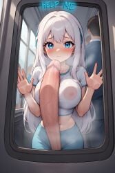 ai ai-created ai_art ai_assisted ai_generated autopaizuri belly belly_button big_breasts big_cock big_penis blue_eyes blush crop_top crowd embarrassed futanari geniiart gigantic_cock gigantic_penis huge_cock huge_penis inside large_penis long_hair looking_at_viewer penis penis_out pressed_against sexy shorts standing steam text tight_clothes tight_clothing train train_interior white_hair window
