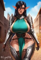 ai_generated armor armored_female big_ass big_breasts black_hair child_bearing_hips curvaceous curvaceous_body curvaceous_female curvaceous_figure curves curvy curvy_body curvy_female curvy_figure curvy_hips elf elf_ears elf_female female female_only gloves green_eyes hair_between_eyes hips hips_wider_than_shoulders lips long_hair lynn04k lynn_the_elven_slut perky_breasts tabard thick_thighs thighs waist wide_hips