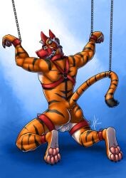 2020 absurd_res animal_mask anthro athletic athletic_anthro athletic_male balls bdsm black_stripes blue_eyes bondage bound butt chain claws dated felid finger_claws fur genitals hair hands_tied hi_res hufnaar kneeling looking_at_viewer male male_anthro mammal markings mask orange_body orange_fur pantherine pawpads pink_pawpads pup_mask short_hair simple_background solo striped_arms striped_legs striped_markings striped_tail stripes tail tail_markings tail_tied tiger wearing_mask white_balls white_body white_fur white_hair