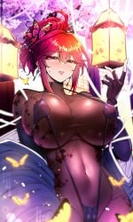 1girl big_breasts blushing bodystocking butterfly_hair_ornament covered_nipples earrings floral_print hair_ornament hi_res high_ponytail large_breasts looking_at_viewer navel_visible_through_clothes open_clothes red_eyes red_hair sling_bikini