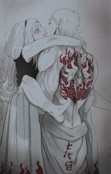 1boy 1girl against_wall arm_tattoo boruto:_naruto_next_generations boruto_(series) carrying_partner clothed_sex haruno_sakura hetero highres hokage kiss messy_hair missionary muscular muscular_male narusakuart1 naruto_(series) saliva saliva_trail sex short_hair spiral spread_legs standing standing_missionary standing_sex tattoo uzumaki_naruto