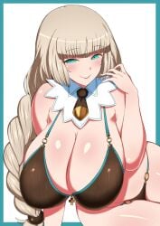 1girls aqua_eyes big_breasts blonde blonde_female blonde_hair blunt_bangs bombergirl cleavage female female_only komusou_(jinrikisha) no_hat sepia_belmont shiny_skin smile smiling solo white_background