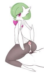 1boy 1girls blush buttjob clothing duo eyelashes female female_gardevoir female_pokemon flat_chest flat_chested gardevoir green_hair hair human interspecies leggings legwear male male_human mammal mega_evolution mega_gardevoir nintendo no_breasts outercourse penis pokemon pokemon_(species) pokemon_rse pubes red_eyes simple_background straight unknown_artist video_games white_background