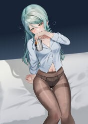 1girls aqua_hair arm_support asahi_breweries bang_dream! bed beer beer_can black_panties black_underwear blue_background blush_lines breasts closed_mouth collarbone drunk drunk_bubble eyebrows_visible_through_hair female female_focus female_only foot_out_of_frame furiousghafo gradient_background green_eyes hand_on_bed hand_on_mouth hikawa_sayo knees_together_feet_apart lace-trimmed_panties lace_panties long_hair long_sleeves looking_away looking_down medium_breasts navel panties pantyhose portrait see-through_clothing see-through_pantyhose shadow shirt simple_background sitting sitting_on_bed solo solo_female straight_hair thighs underwear very_high_resolution white_shirt
