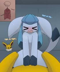 absurd_res blue_body blue_eyes bodily_fluids butt butt_grab cowgirl_position crystal duo ears_down eeveedream_(artist) eeveelution eeveelution_squad english_text feet female feral first_person_view from_front_position fur fur_markings generation_1_pokemon generation_4_pokemon genitals glaceon hand_on_butt hi_res jolteon lazuli_(eeveelution_squad) looking_at_viewer male male/female markings nintendo on_bottom on_top penetration penis pivoted_ears pokemon pokemon_(species) purple_eyes sex smile speed_(eeveelution_squad) straddling tail text thrusting toes vaginal vaginal_penetration vulva x-ray_view yellow_body