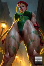 1girls abs ai_generated antenna_hair ass_visible_through_thighs beret blonde_hair blue_eyes bodypaint bracer braid breasts cammy_white camouflage clenched_hands covered_navel fingerless_gloves from_below gloves green_leotard hat highleg highleg_leotard lamppost leotard lips long_hair looking_at_viewer looking_down medium_breasts muscular muscular_female night night_sky nose outdoors parted_lips philon red_gloves red_headwear scar scar_on_cheek scar_on_face sky solo stable_diffusion standing street_fighter sweat thick_thighs thighs thong_leotard toned twin_braids very_long_hair wet
