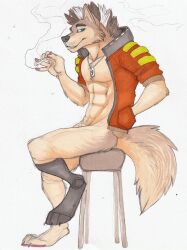 abs animal_genitalia anthro athletic athletic_anthro athletic_male blue_eyes bottomless brown_hair canid canine cheek_tuft cigarette clothed clothing facial_tuft fur genitals hair hi_res holding_cigarette holding_object hufnaar jacket jewelry looking_at_viewer male male_anthro mammal mohawk narrowed_eyes necklace open_clothing open_jacket open_topwear pecs prosthetic prosthetic_leg prosthetic_limb red_clothing red_jacket red_topwear sheath simple_background sitting solo tail tan_body tan_fur tan_tail topwear tuft white_background white_hair