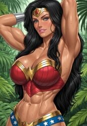 abs ai_generated armpit armpit_fetish armpits athletic athletic_female biting_lip dc_comics deergirlfit female female_only fit fit_female jungle jungle_background jungle_girl justice_league long_hair muscles muscular muscular_female silhouette thick_hair toned toned_body toned_female toned_stomach wonder_woman wonder_woman_(series)