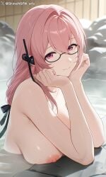 ai_generated artist_name bath blush female glasses large_breasts long_hair looking_at_viewer nipples nude onsen pink_hair shineinsfw shiny_skin smile solo sweat tsukishiro_yanagi water wet_skin zenless_zone_zero