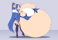 belly_bigger_than_body belly_bigger_than_head big_breasts breasts breasts_bigger_than_head breasts_bigger_than_torso breasts_on_belly cake cleavage closed_eyes clothing disgaea eating flat_colors gigantic_breasts heart higan_zesshosai horns huge_breasts hyper hyper_breasts hyper_pregnancy large_breasts light-skinned_female light_skin massive_breasts navel pink_hair pointy_ears ponytail pregnant pregnant_female purple_hair ready_to_pop round_belly simple_background standing thighhighs timaeus