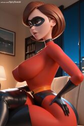 1girl ai_generated bodysuit boots breasts brown_hair domino_mask elbow_gloves gloves helen_parr hi_res high_quality high_resolution large_breasts latex latex_gloves lips makeup mask patreon patreon_username seductive sexy short_hair sitting skin_tight solo spicytoonai superhero the_incredibles thigh_boots thighhighs uncensored watermark
