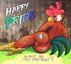 anthro anus avian balls bird butt chicken digital_media_(artwork) fern_(zaryuzu_73) galliform genitals lgbt_pride lgbt_pride_month male nude phasianid pride_colors solo tail text zaryuzu_73