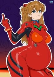 arrowdark asuka_langley_sohryu flipping_viewer_off ginger ginger_hair ginger_hair_female neon_genesis_evangelion pregnancy pregnant pregnant_belly pregnant_female red_latex red_latex_suit