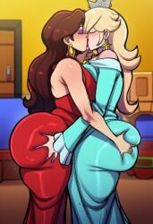 ai_generated ass_grab dumptruck_ass eycocho kissing lesbian lesbian_couple lesbian_kiss lesbians lesbians_kissing mario_(series) pauline_(mario) princess_rosalina yuri