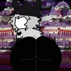 ass ass_focus bending_over bent_over big_ass faceless faceless_character female gray_hair gray_shirt horns looking_at_viewer looking_back reinbo_(the_battle_bricks) roblox roblox_game robloxian straw_hat tattoo tattooed_arm tattoos the_battle_bricks watermark white_skin