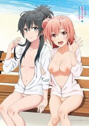 2girls beach black_hair blue_eyes female female_only my_teen_romantic_comedy_snafu nude_filter orange_hair third-party_edit yahari_ore_no_seishun_lovecome_wa_machigatteiru. yuigahama_yui yukinoshita_yukino