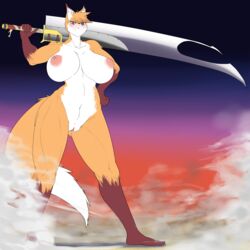 anthro big_breasts blush breasts canine female fox furry huge_breasts looking_at_viewer mammal melee_weapon nipples nude opqhlak pussy solo standing sword thick_thighs vela voluptuous weapon