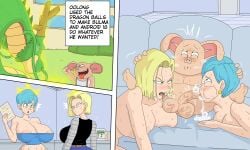 1boy 1boy2girls 2girls android_18 balls big_breasts blonde_hair blowjob blue_eyes blue_hair breasts bulma_briefs bulma_briefs_(beginnings_of_dragon_ball_z) couch cum cum_in_mouth cum_inside dragon_ball dragon_ball_z earrings english_text female forced hand_on_head licking_penis male maledom marecattus nipples oolong penis pig rape shenron short_hair smaller_male sucking_penis sweat taller_female testicles text tongue_out ugly_bastard wish