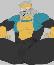 1boy absurdres artist_name ass bara battle_beast battle_beast_(invincible) blush braid closed_eyes cosplay elinapires_(lewalrus) english_commentary fangs furry furry_male goggles highres invincible invincible_(character) invincible_(character)_(cosplay) invincible_(cosplay) invincible_(series) invincible_(tv_series) patreon_username sitting superhero_costume white_fur white_hair