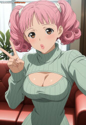 1girls ai_generated blush blush_lines blushing breasts brown_eyes clothed clothing couch detailed_background deviantart_link eyelashes female female_only fully_clothed hair_ornament light-skinned_female light_skin lipstick looking_at_viewer medium_breasts medium_hair miwako_sakurada painted_nails paradise_kiss peace_sign pink_blush pink_eyebrows pink_hair pink_lips pink_nails slim_waist solo straight_bangs thin_eyebrows thin_waist twintails twirling_hair watermark